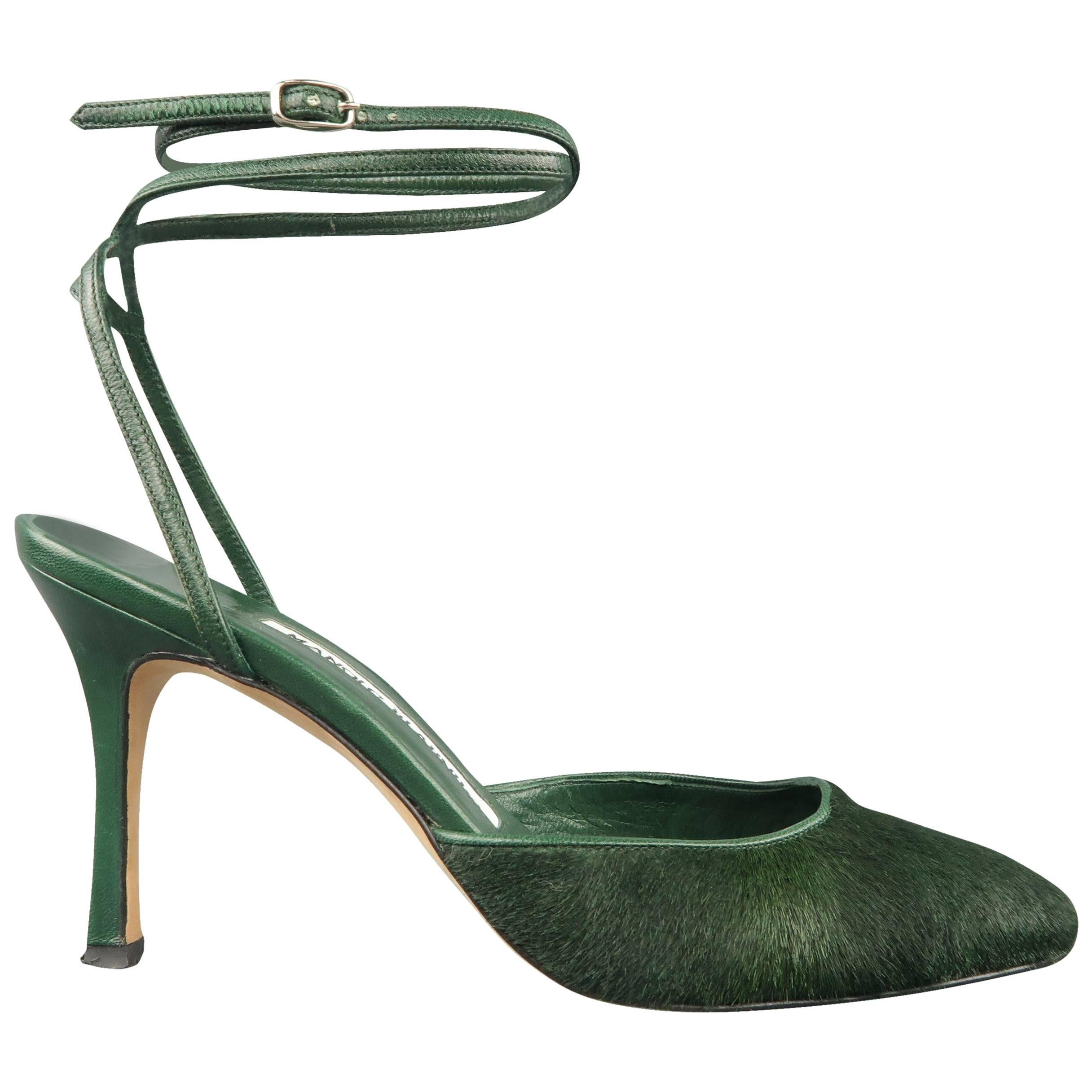 MANOLO BLAHNIK Pumps Heels Size 5.5  - Green Ponyhair & Leather Ankle Strap