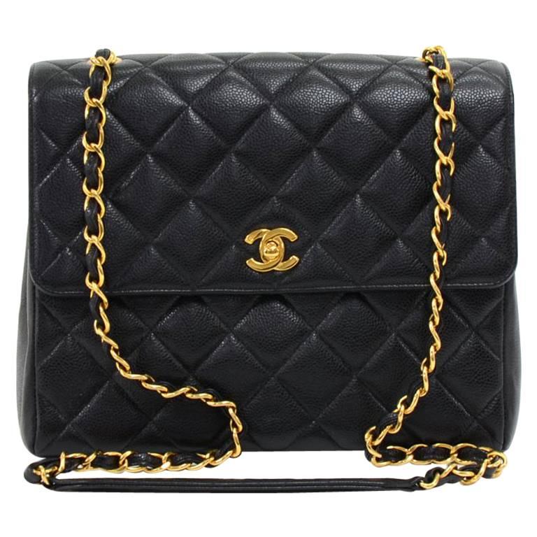 Chanel Vintage 10.5 Inch Flap Black Quilted Caviar Leather Shoulder Bag 