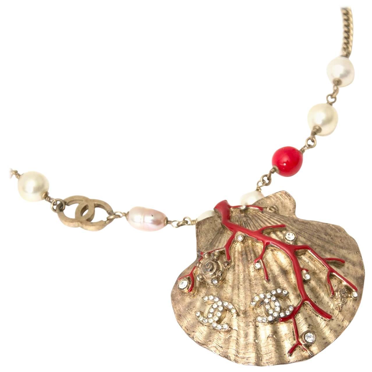 Chanel Coral Gold Pearl Shell Necklace 