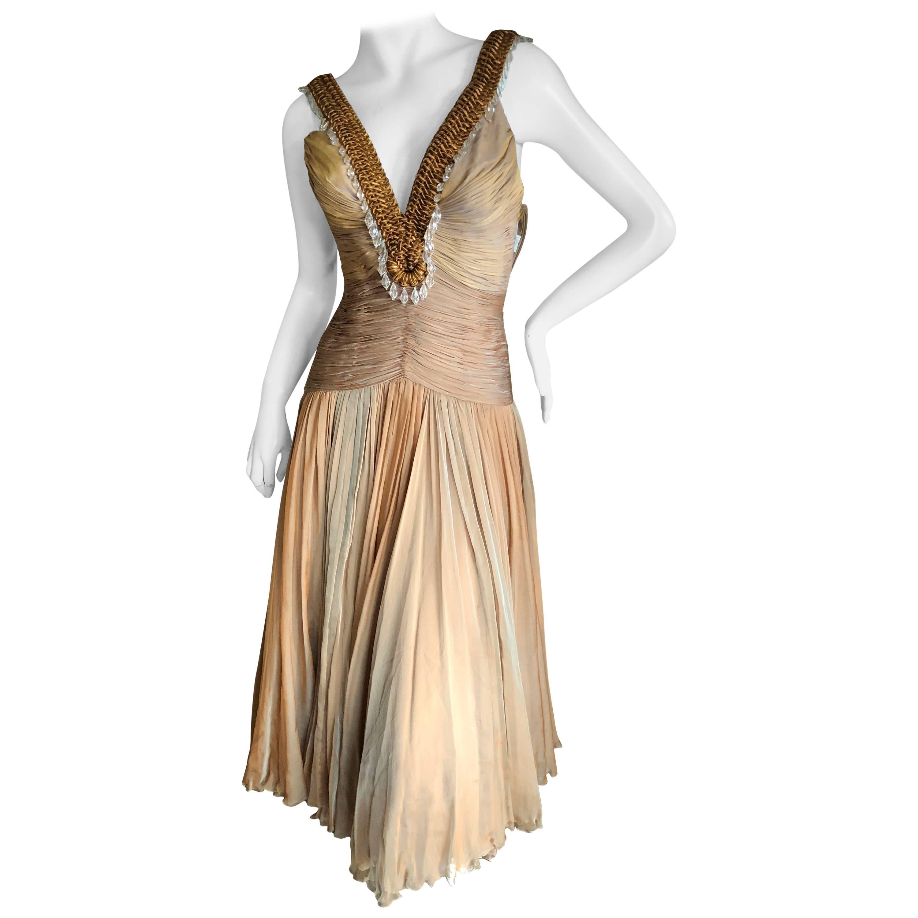 Versace Vintage Low Cut Plisse Pleated Ombre Silk Dress with Macrame Bead Detail For Sale