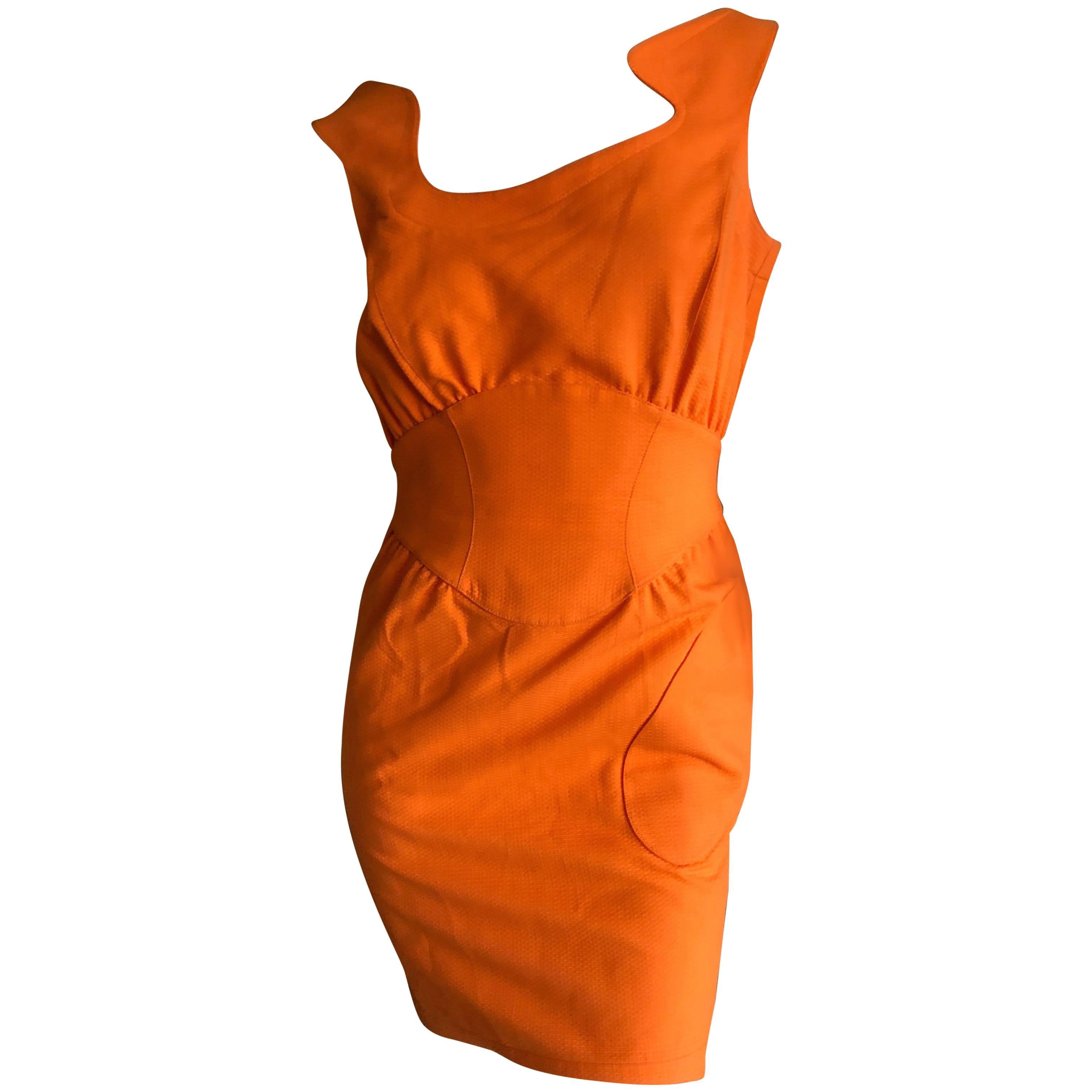 Thierry Mugler Mod Vintage 80's Tangerine Pique Cotton Mini Dress  For Sale