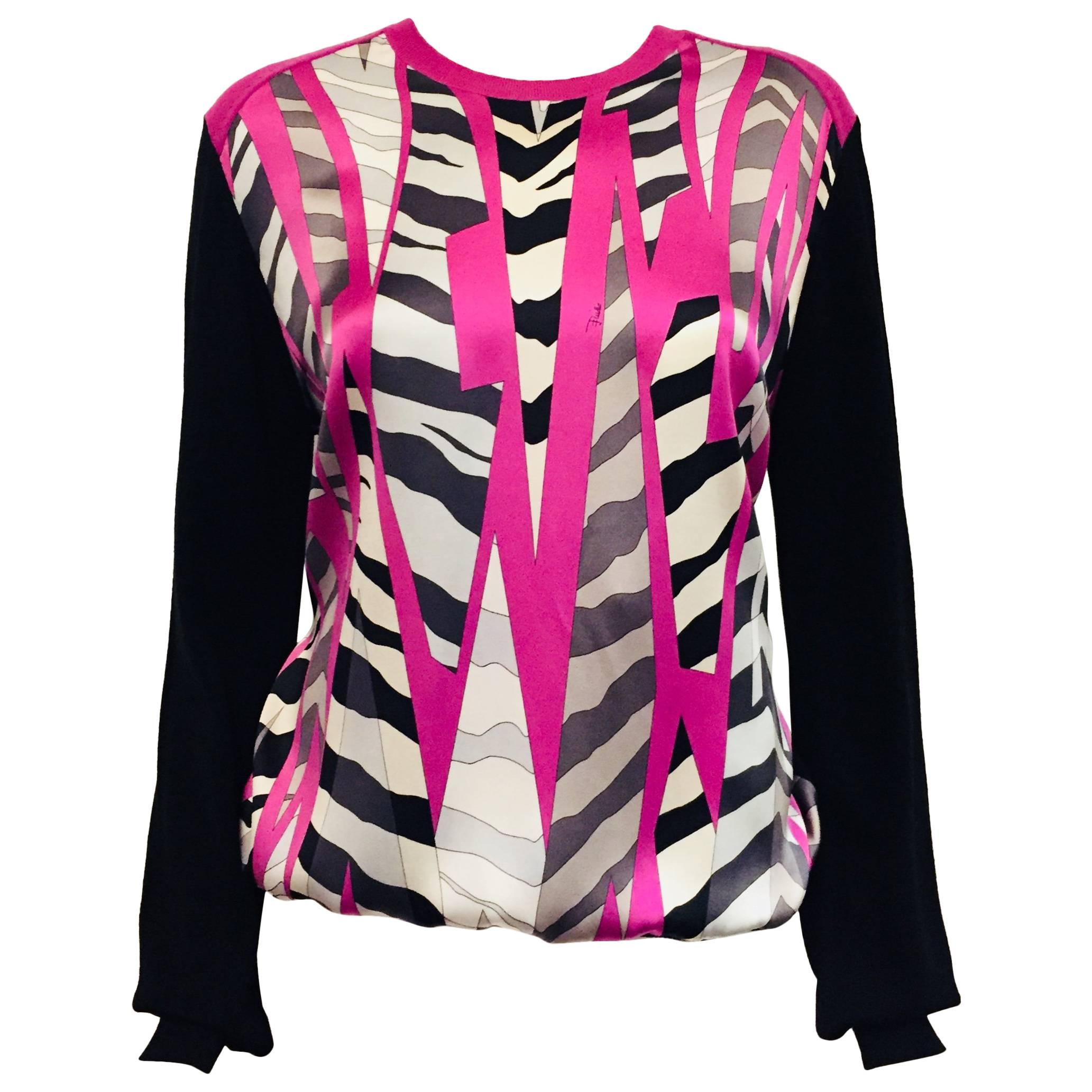 Exceptional Emilio Pucci Abstract Animal Print Black, White & Shocking Pink Top