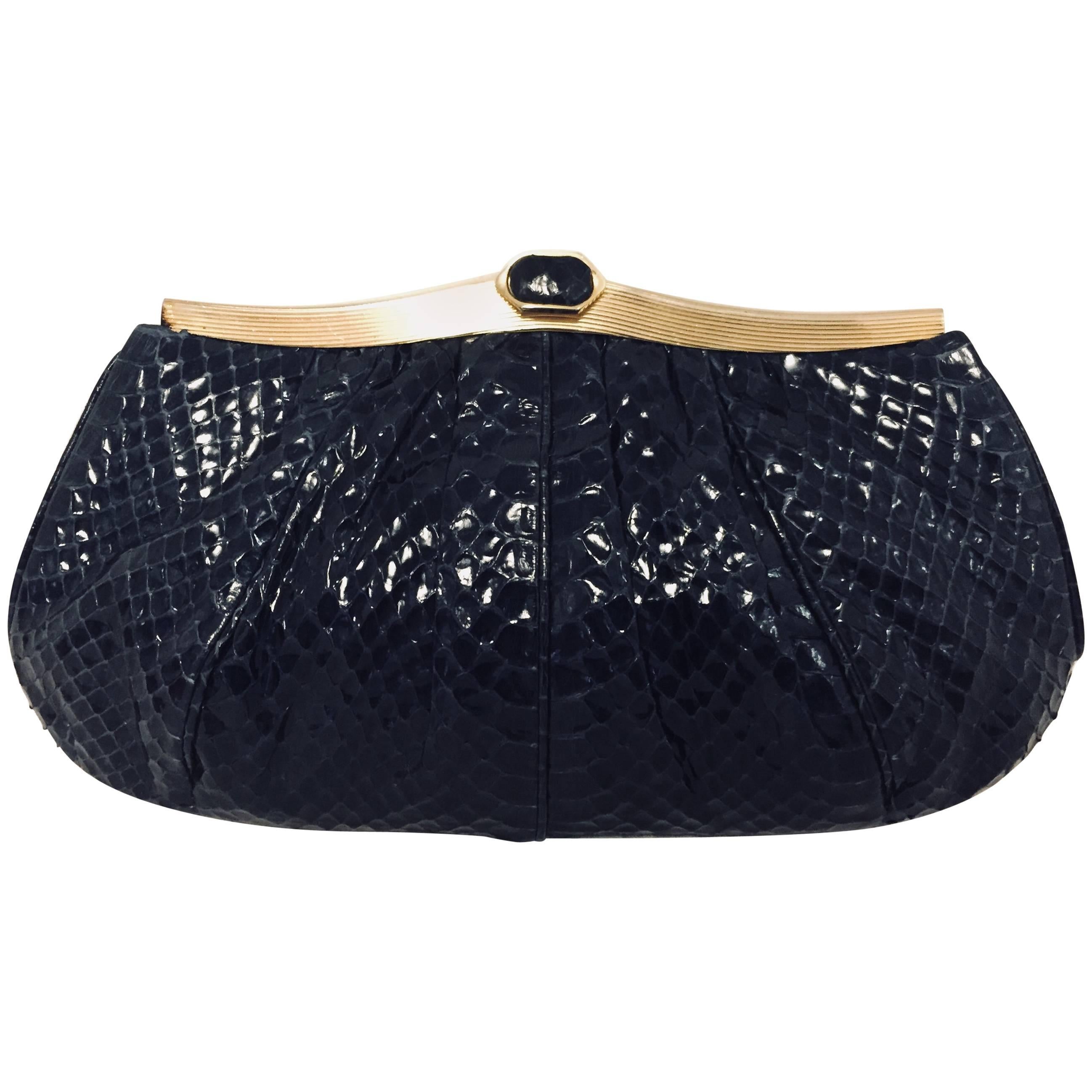 Judith Leiber Vintage Navy Gathered Python Convertible Clutch   For Sale