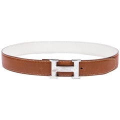 HERMES H Reversible Belt in Togo Gold and White Leather Size 80FR