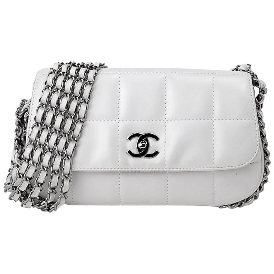 Chanel White Lambskin Silver Hardware Single Flap Bag, 2003  For Sale