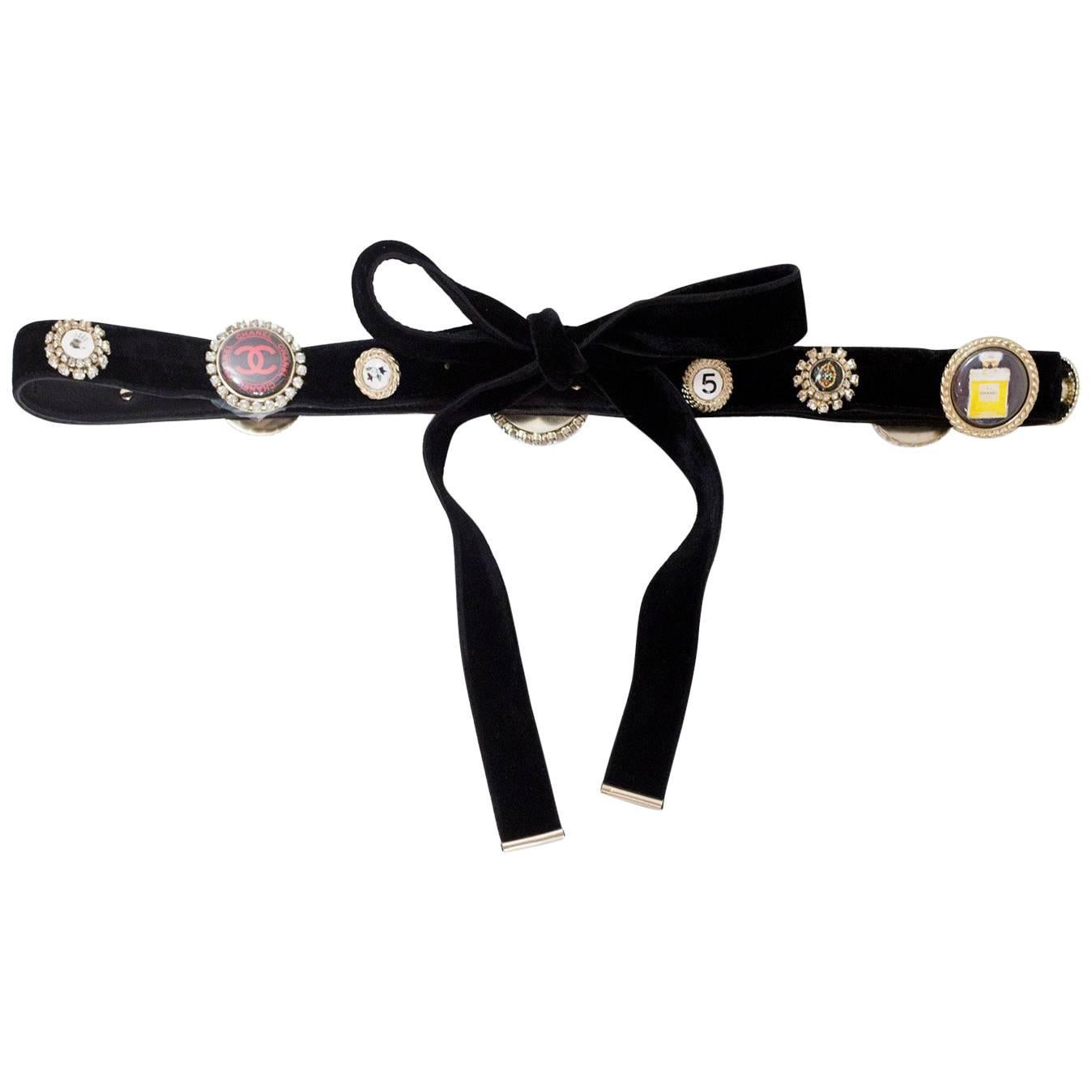 Chanel Black Velvet Belt with Embellished Buttons Sz 70