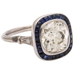 Cushion Cut 2.60 ct Diamond and Natural Sapphire Vintage Engagement Ring