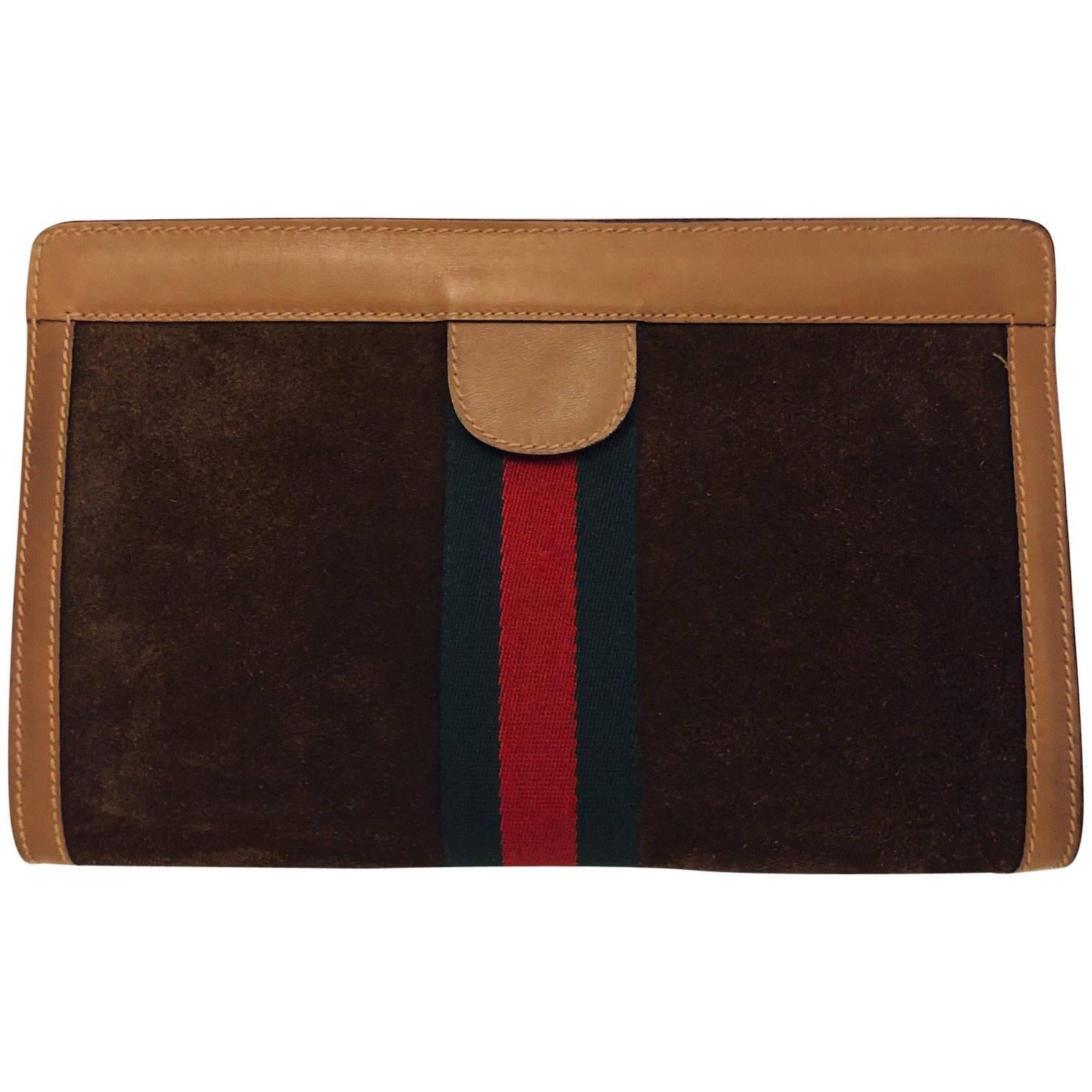Gucci Parfums Vintage Brown Suede Clutch With Signature Web 