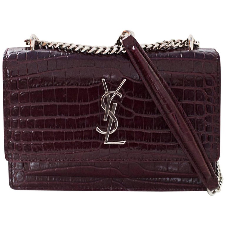 Saint Laurent Burgundy Embossed Croc Sunset Mini Chain Wallet Crossbody Bag For Sale at 1stDibs