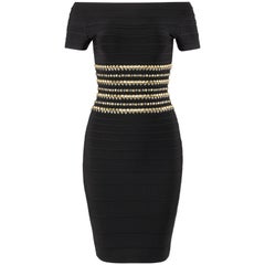 HERVE LEGER c2014 „Carmen“ Schwarzes Bandage-Strick-Bodycon-Cocktailkleid mit Nieten Neu mit Etikett