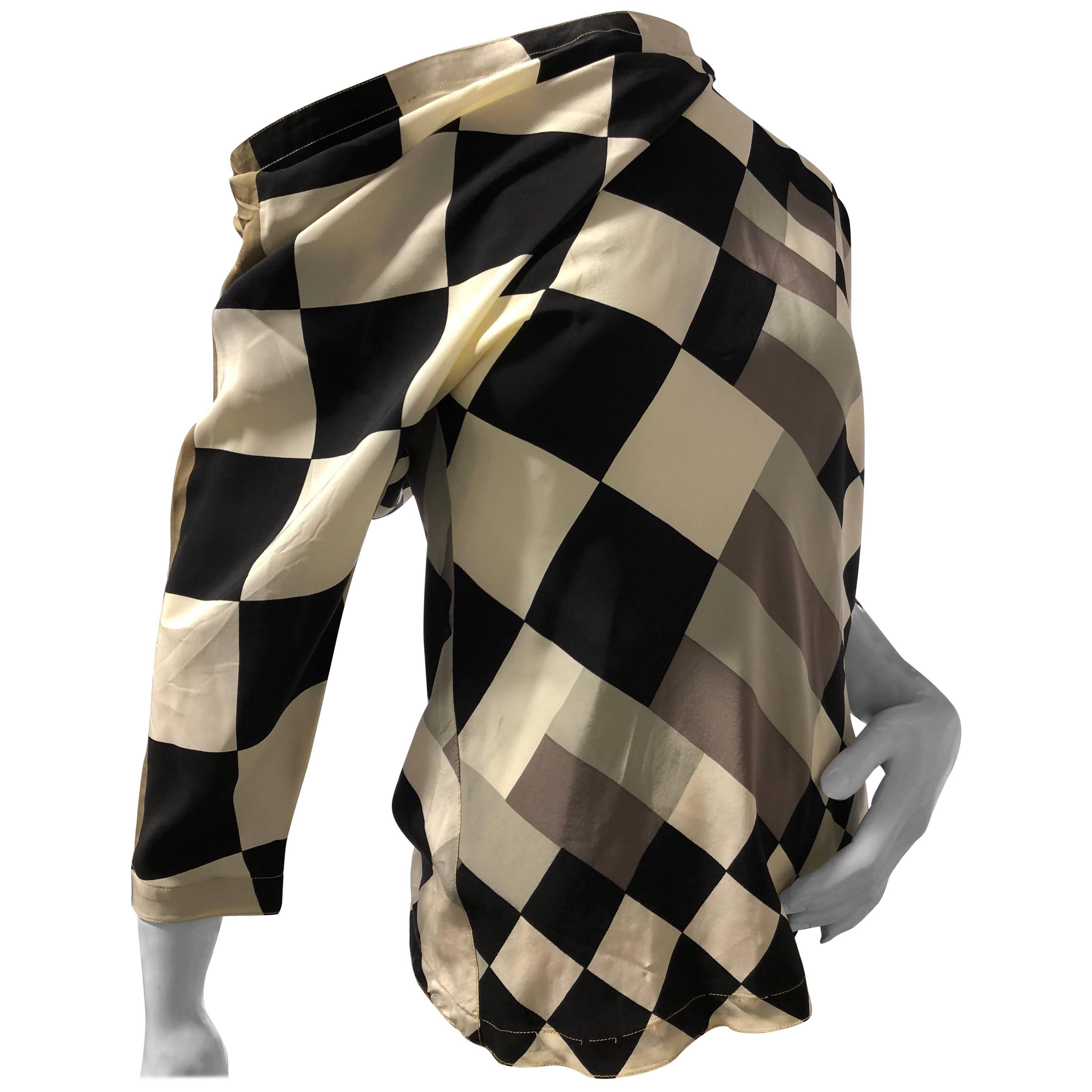 1980s Gianni Versace Black and White Checkered Off-The-Shoulder Silk Blouse  For Sale