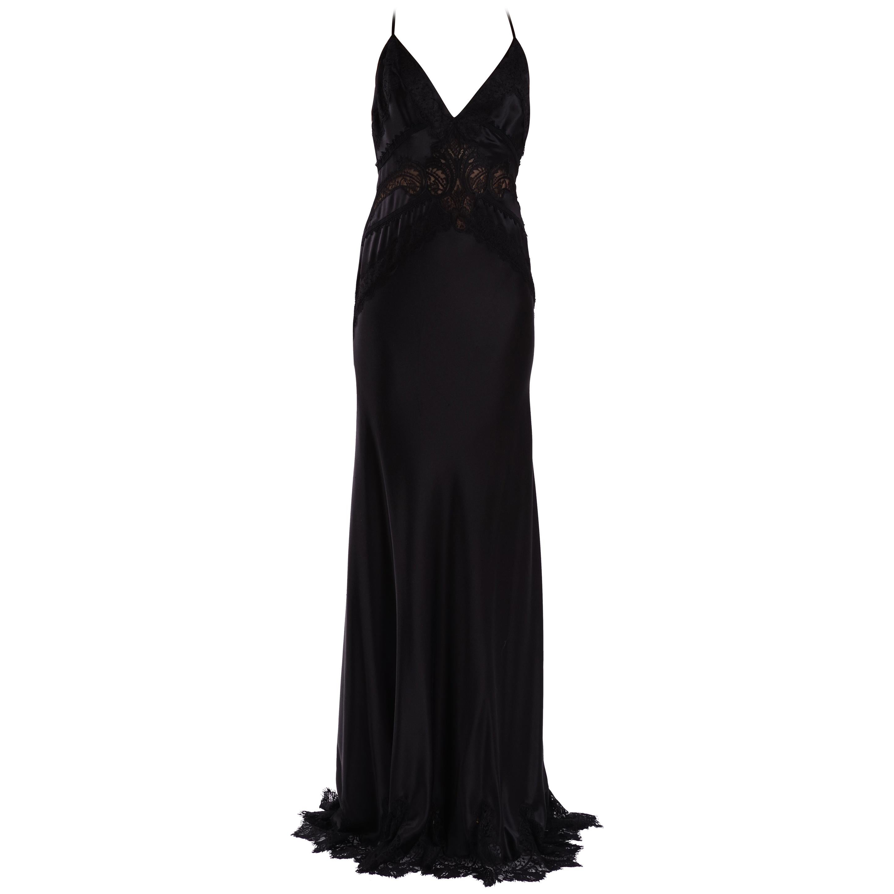 VINTAGE VERSACE BLACK SILK and LACE LONG GOWN DRESS 40 - 4 For Sale