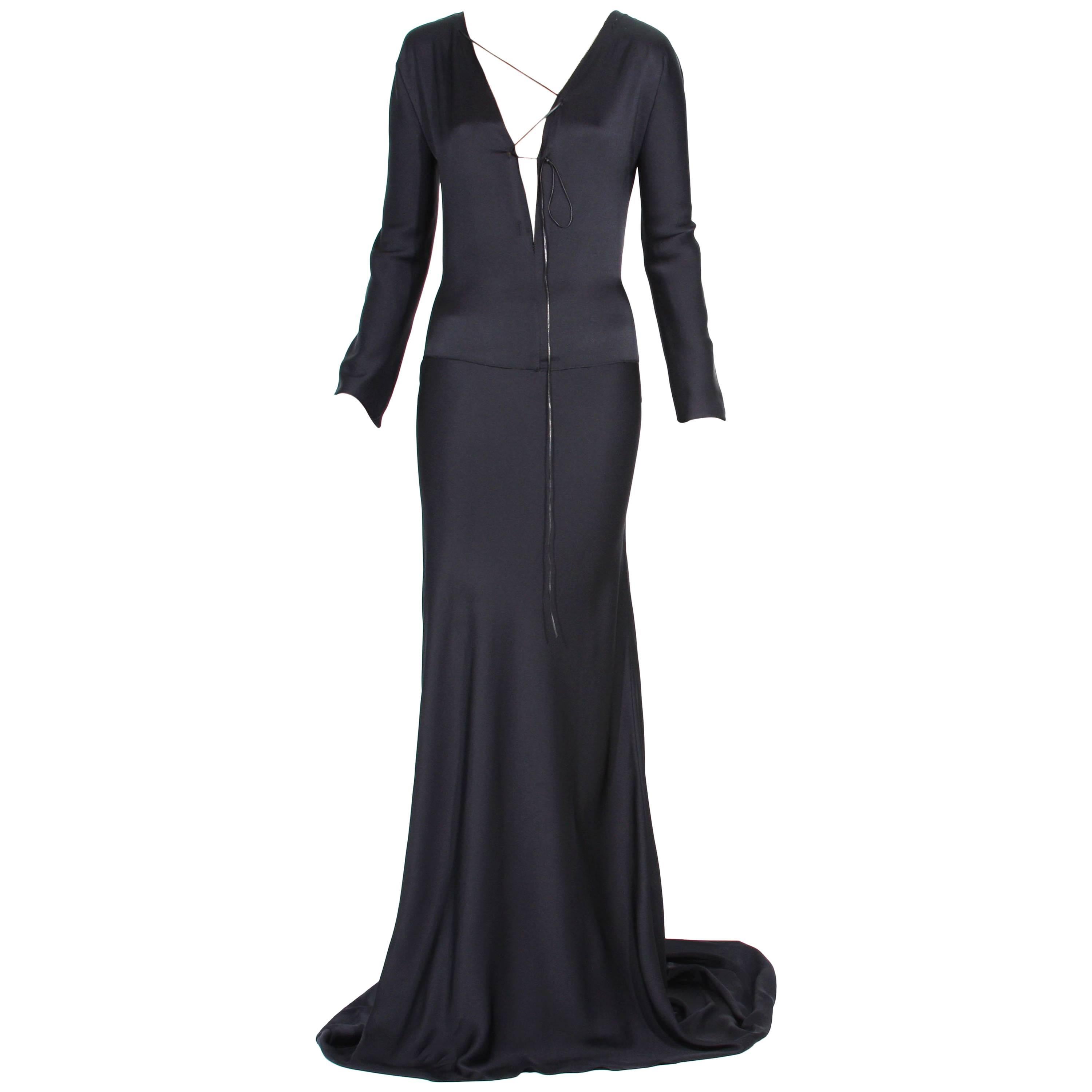 New Tom Ford for Gucci F/W 2002 Black Silk Gown with Leather Tie It. 44 For Sale