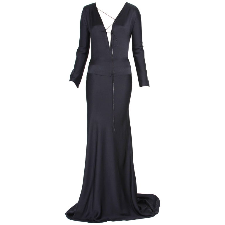 New Tom Ford for Gucci F/W 2002 Black Silk Gown with Leather Tie It. 44 ...