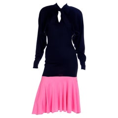 Vintage 1980s Patrick Kelly Dress in Pink & Black Color Block Jersey Flounce Ruffle