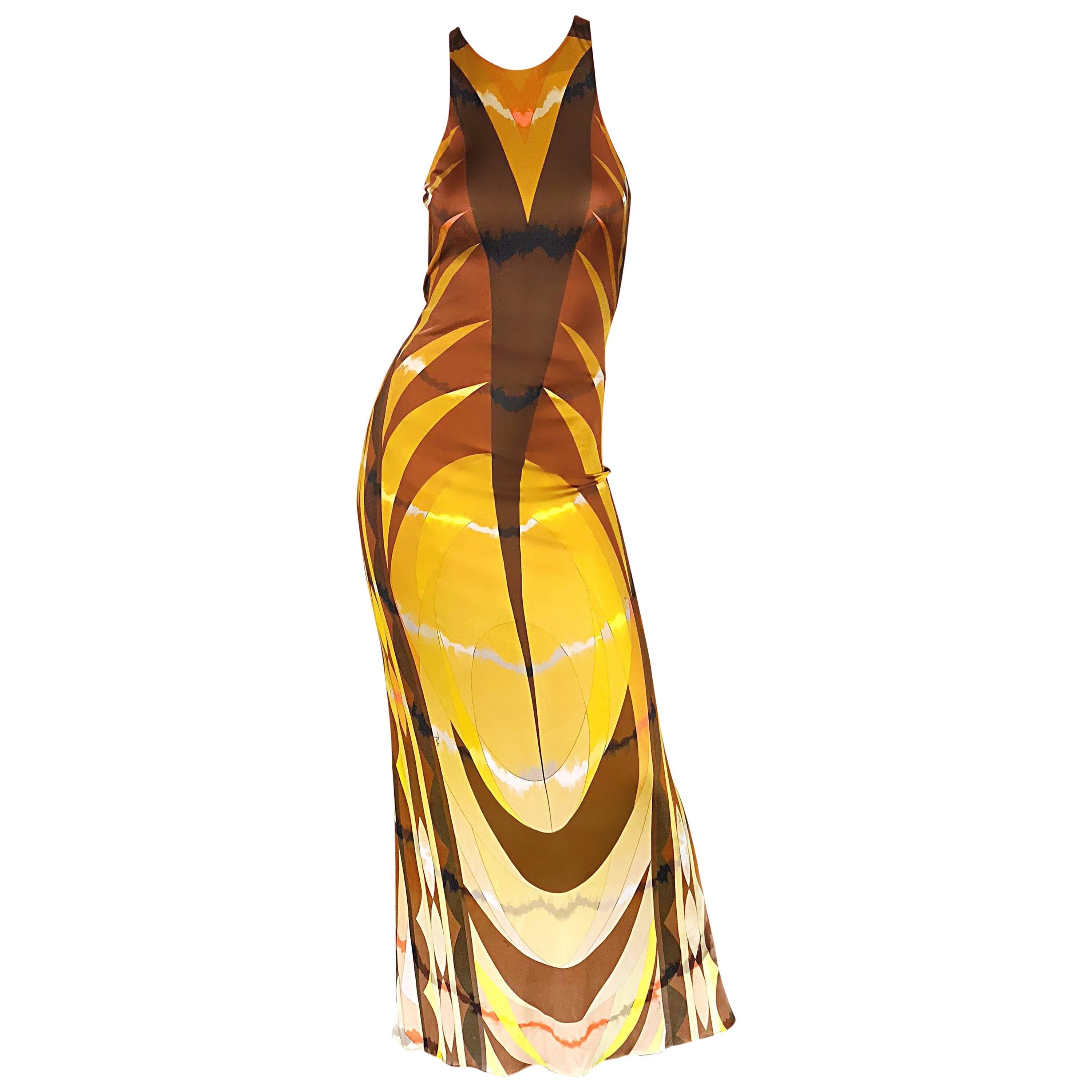 Sexy late 90s EMILIO PUCCI rayon jersey open-back gown! Features warm autumnal tones of brown, mustard yellow, ivory, and pops of pink fuchsia in a slimming abstract print. Soft slinky jersey stretches to fit, and is fully lined. Wonderful tailored