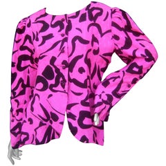 Pierre Balmain Boutique Fuchsia Silk Graphic Print Blouse c 1980s