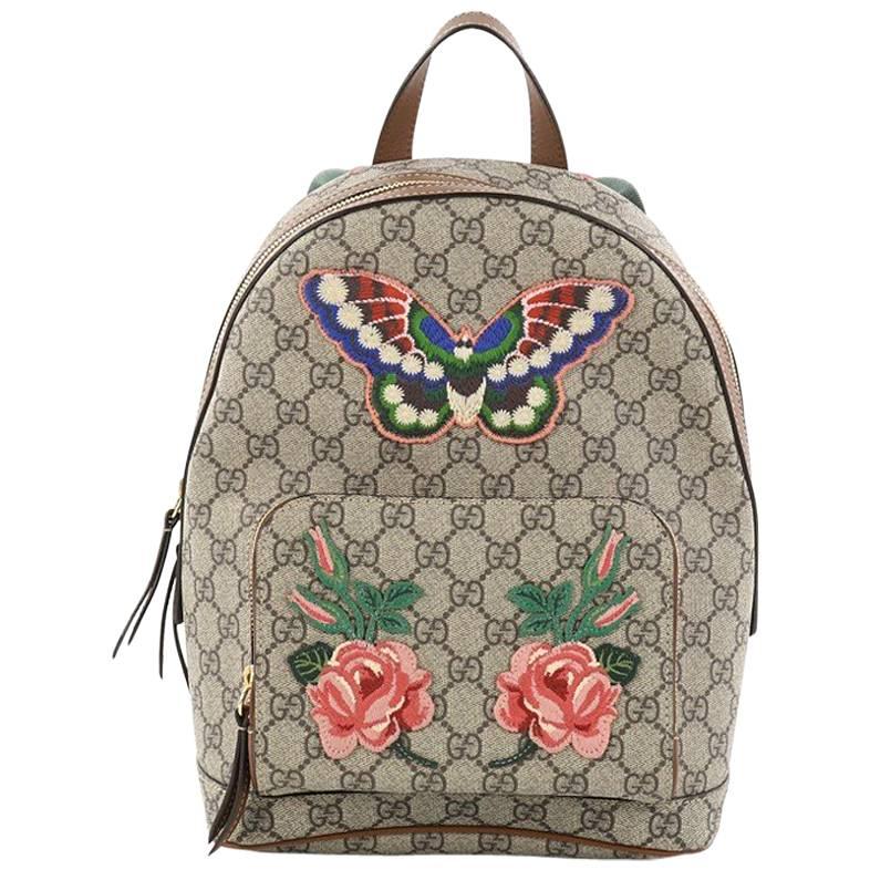 Gucci Zip Pocket Backpack Embroidered GG Coated Canvas Small