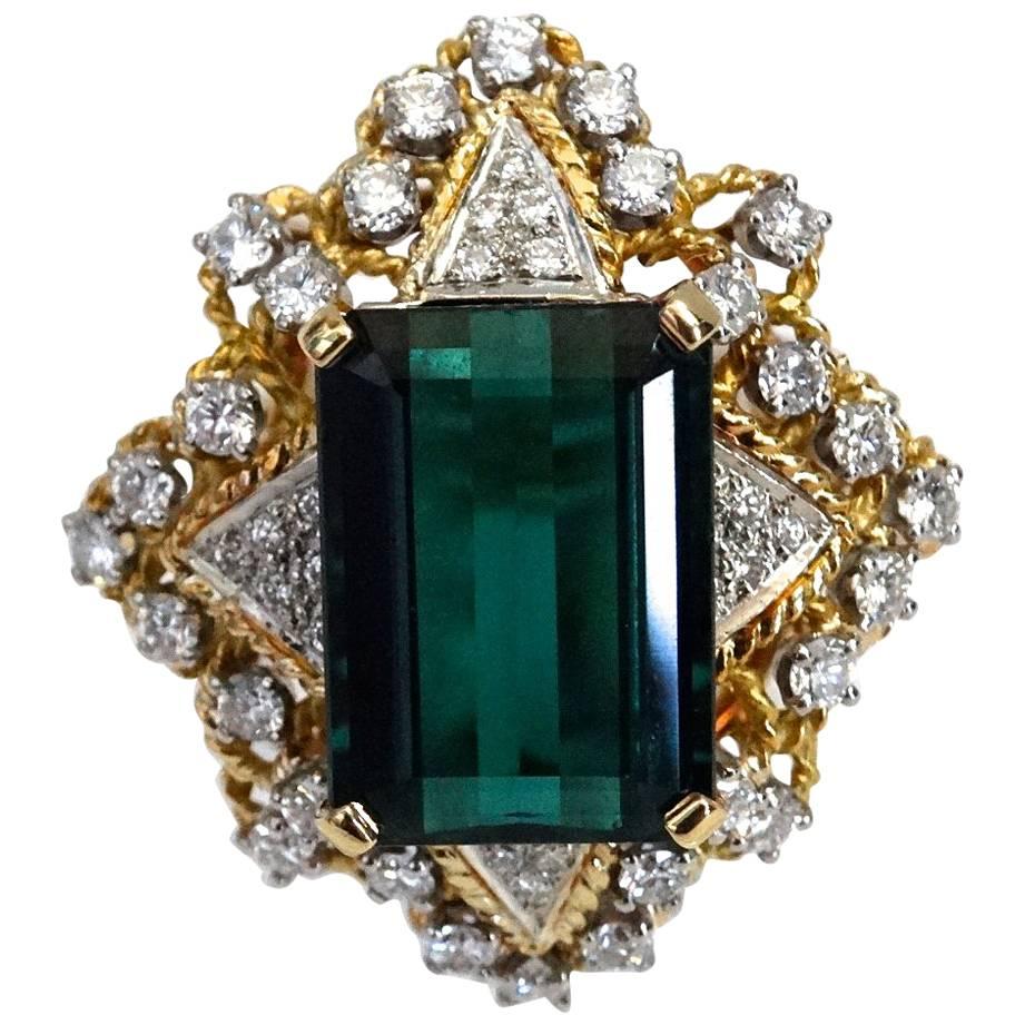 10 Carat Green Tourmaline Diamond Cocktail Ring 