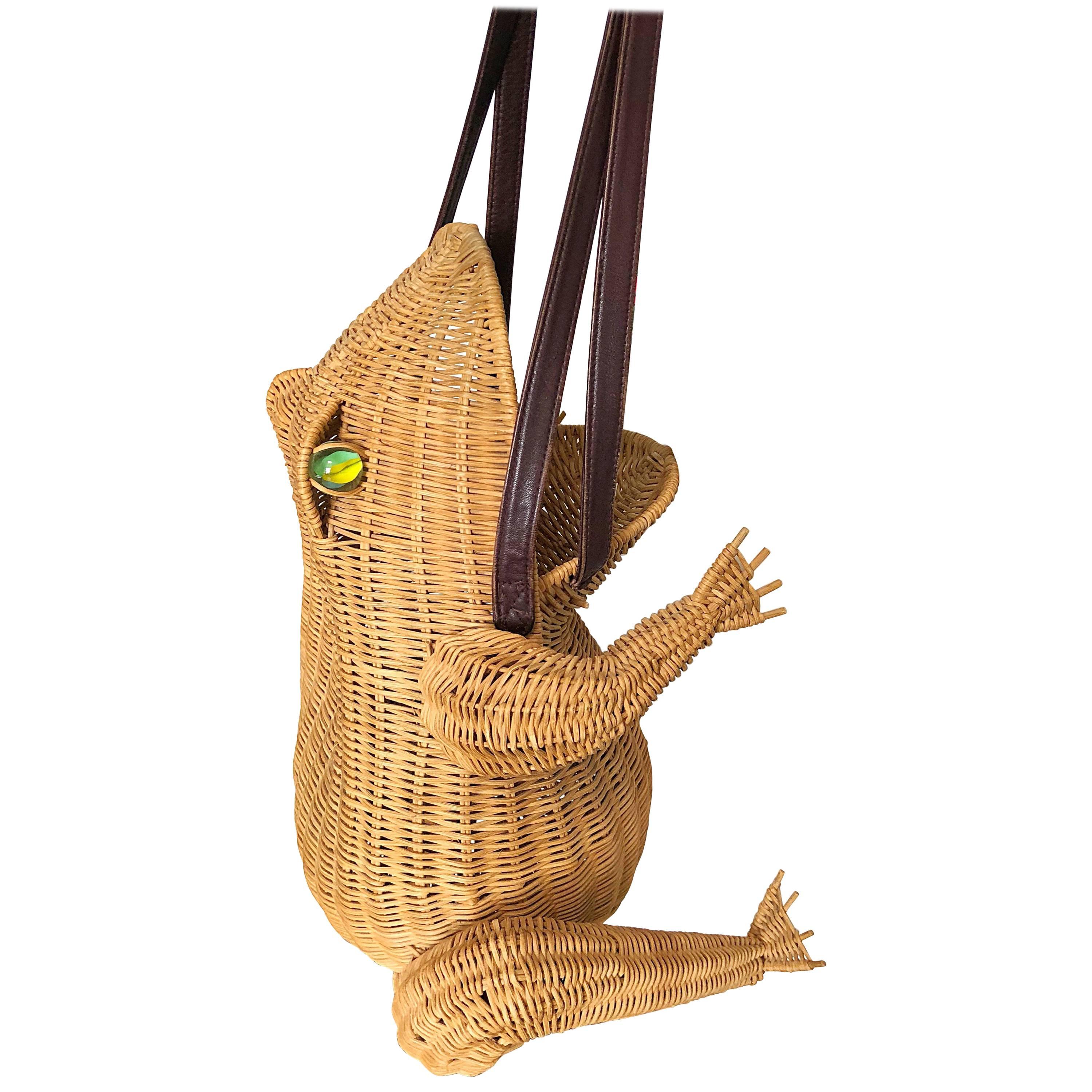 Whimsical 1960s Rare Italian Frog Toad Novelty Wicker Vintage 60s Hand Bag Purse