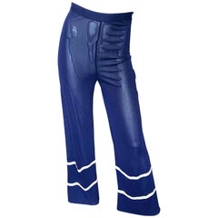 Jean Paul Gaultier Vintage Navy Blue White Semi Sheer Wide Leg Nautical Pants 