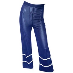 Jean Paul Gaultier Pantalon nautique vintage à jambes larges semi-transparentes bleu marine et blanc 