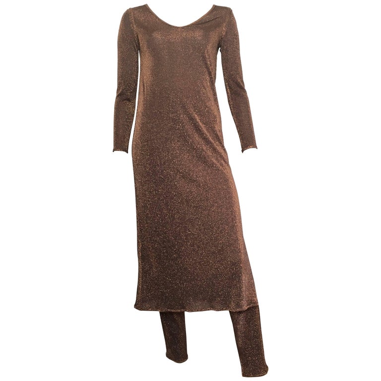 Richard Assatly 1980s Copper Bronze Metallic Fabric Dress with Pants