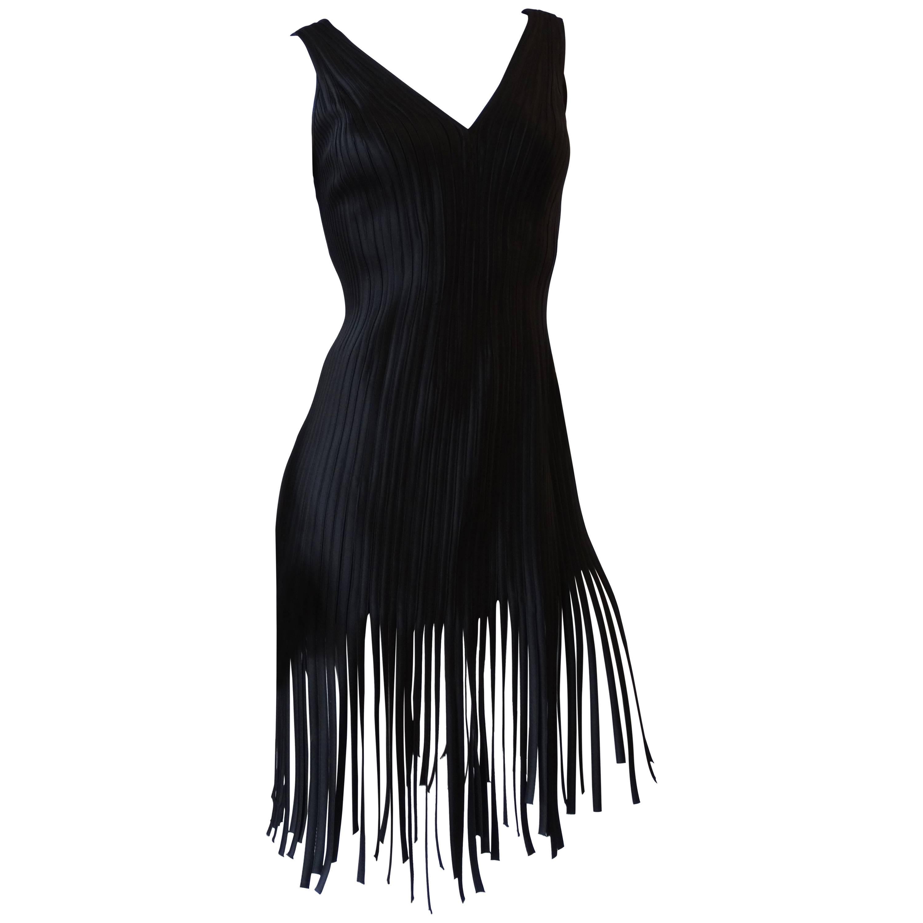 1980s Black Ribbed Carwash Fringe Cocktail Dress