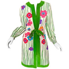 Oscar de la Renta 1960s Ivory Wool + Green Suede Mod Flower Print Jacket Dress