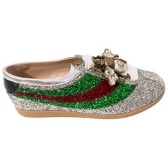 Used Gucci Sneacker Shoes in Silver Glittery Leather 2017 