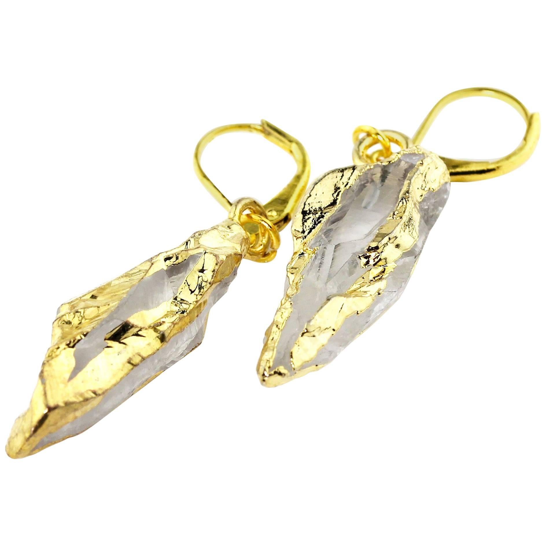 AJD Glittering ARTISTIC Quartz Dangling Gold Plated Lever-back Earrings For Sale