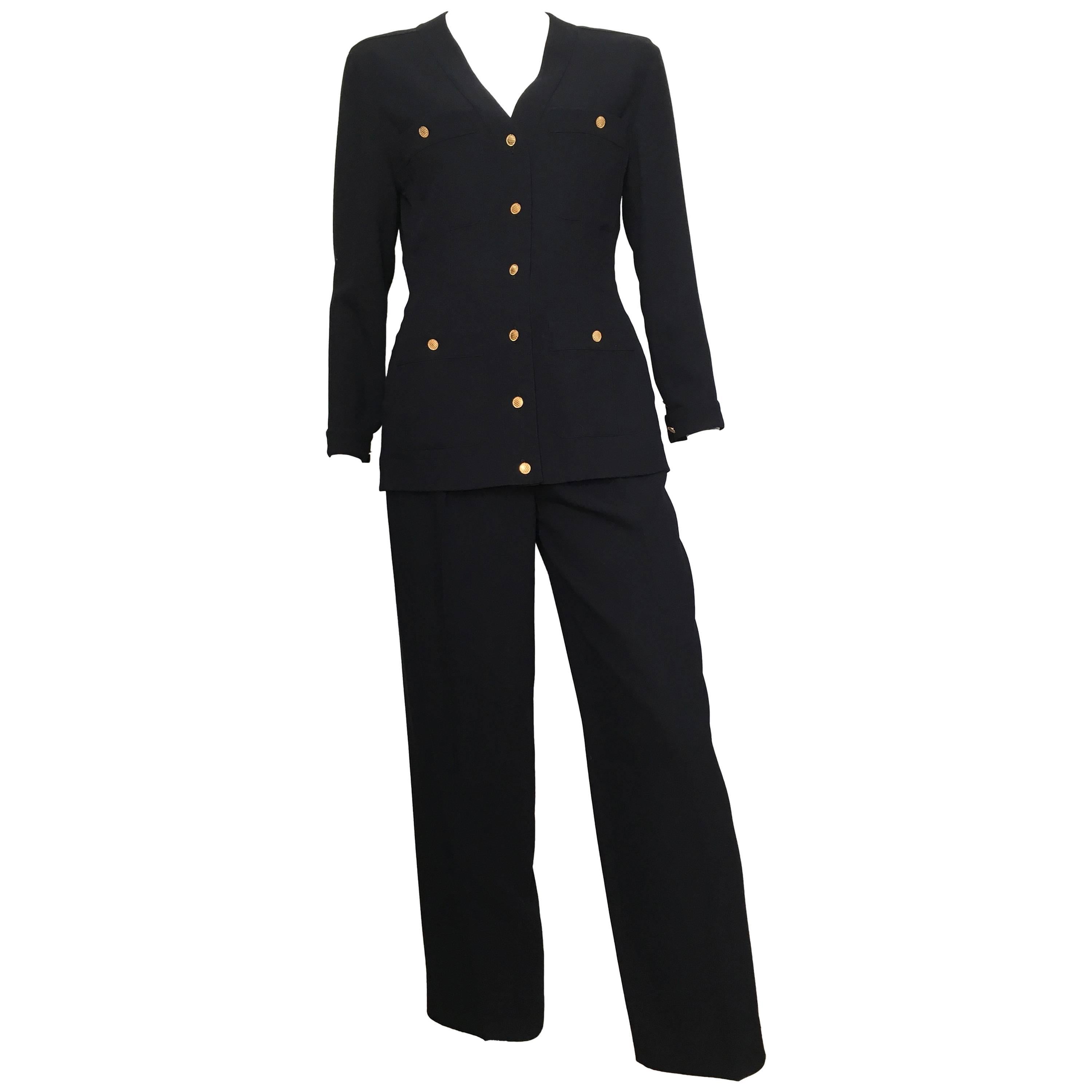 Chanel 1980s Navy Gabardine Wool Pant Suit Size 4.  For Sale