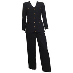 Retro Chanel 1980s Navy Gabardine Wool Pant Suit Size 4. 
