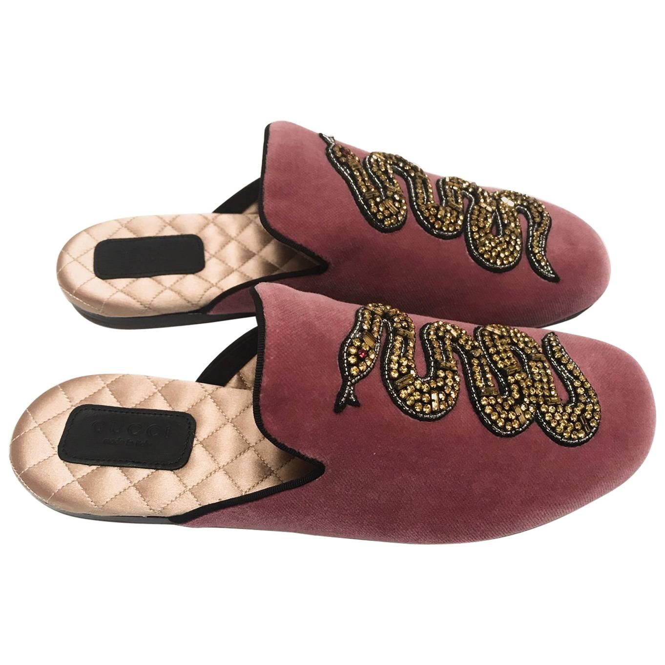 Gucci Pink Velvet with Yellow Crystals Snake Italian Slippers Shoes, 2017  For Sale