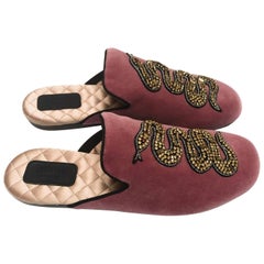 Used Gucci Pink Velvet with Yellow Crystals Snake Italian Slippers Shoes, 2017 
