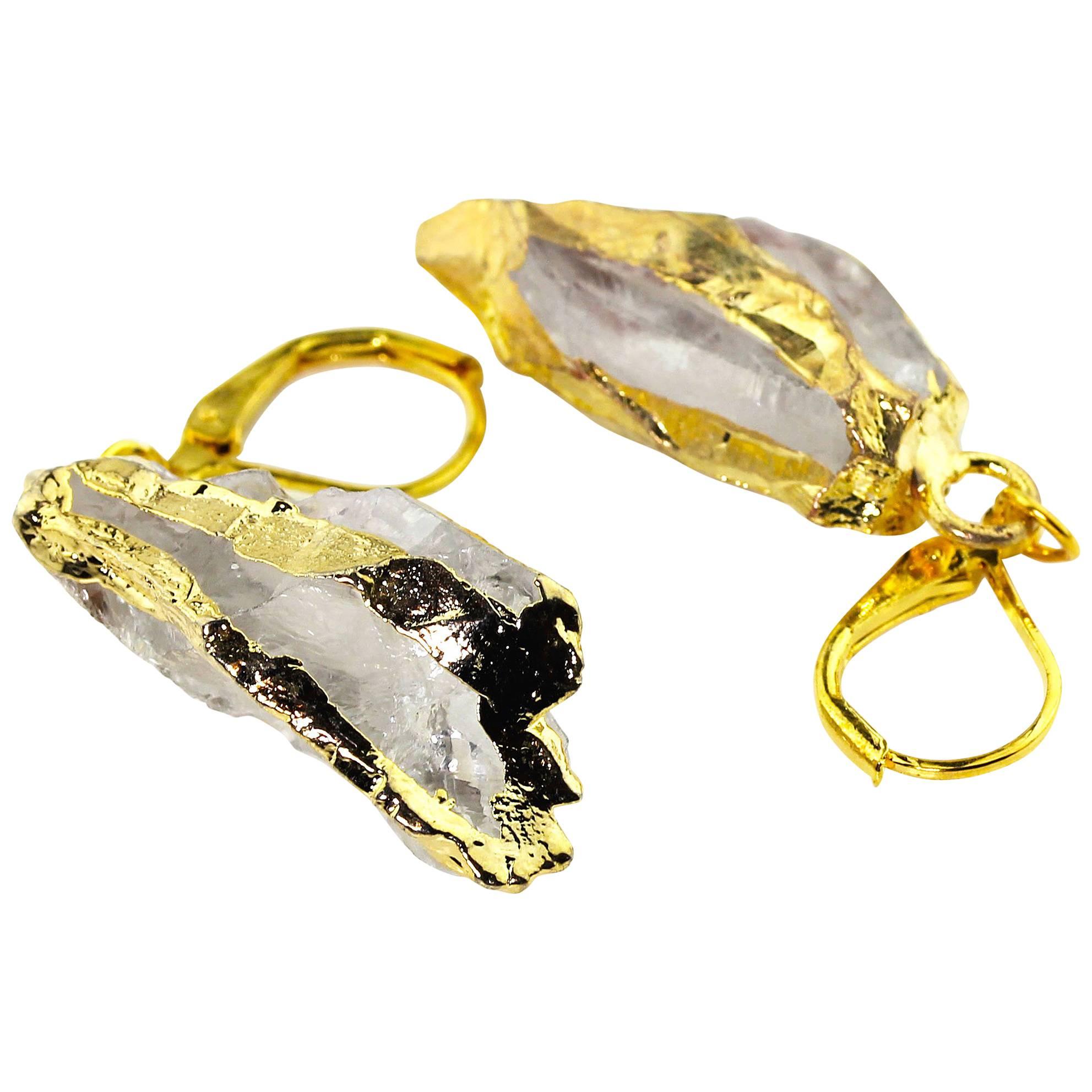 Pear Cut AJD Bold White Glittering Quartz Gold Plated Dangling Lever-back Earrings