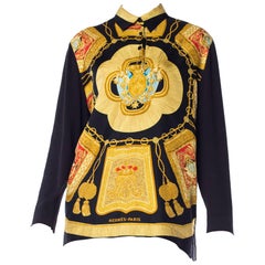 Hermes Royal Crest and gold Tassel Printed Blouse