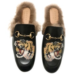 Gucci Princentown Black Leather Mocassin Shoes with Tiger print 2017
