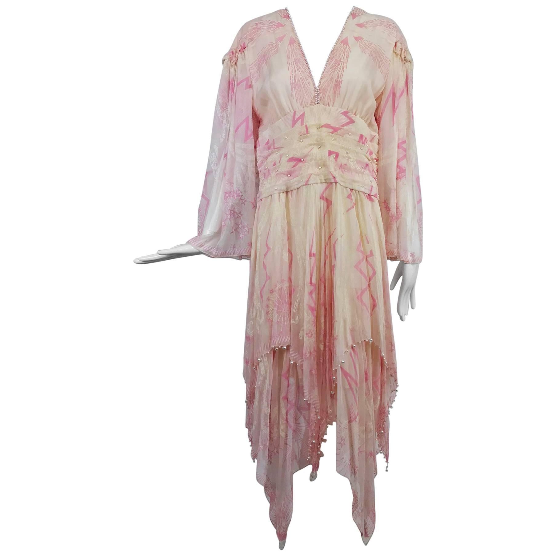 Zandra Rhodes cream and pink silk star asymmetrical hem dress dated 1989