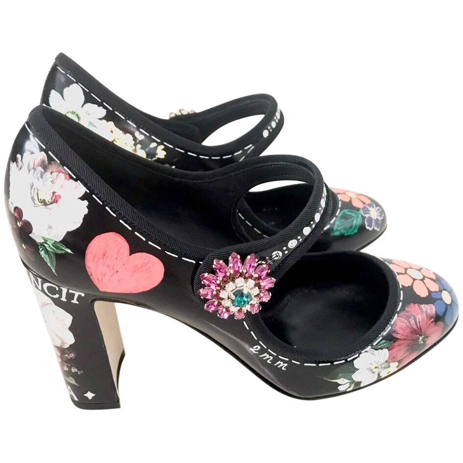 Dolce & Gabbana "Mary Jane" Mixed Flowers on Black Leather High Heel Shoes, 2017 For Sale