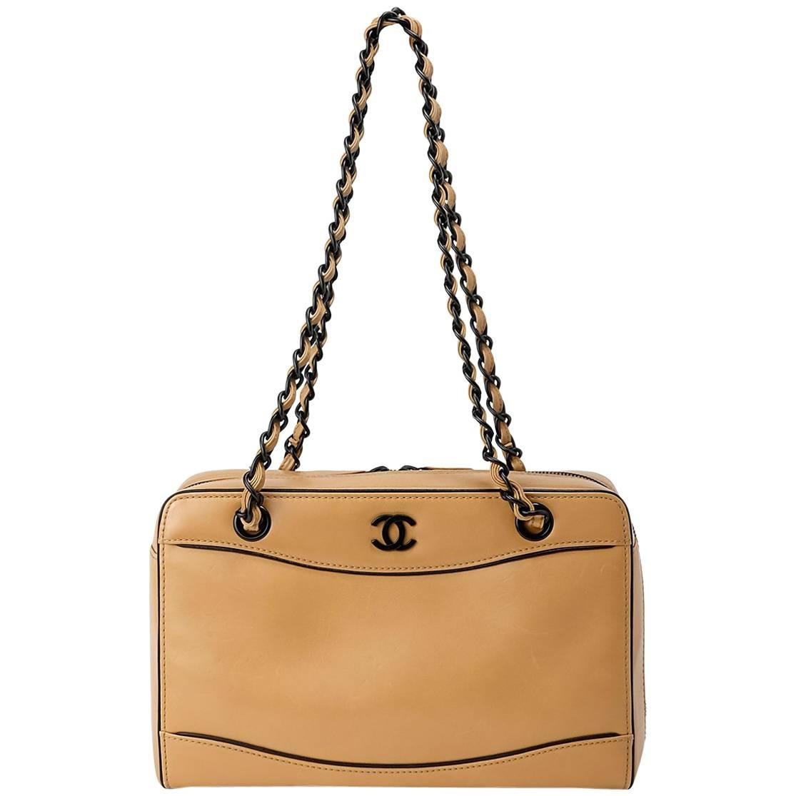 Chanel Early 2000 Beige and Black Calfskin Shoulder Bag With Long Handles  For Sale