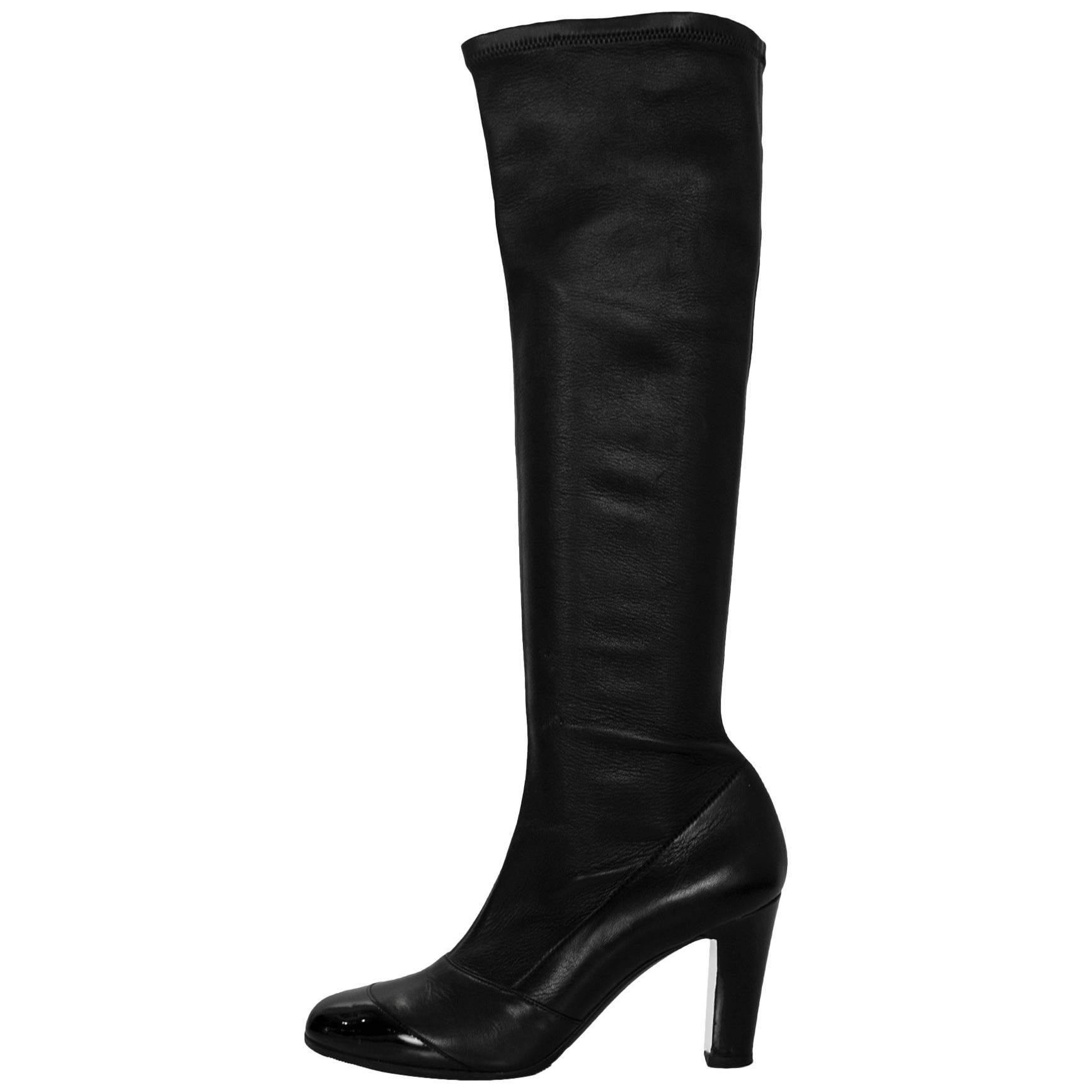 Chanel Black Leather & Patent Cap-Toe Boots Sz 38