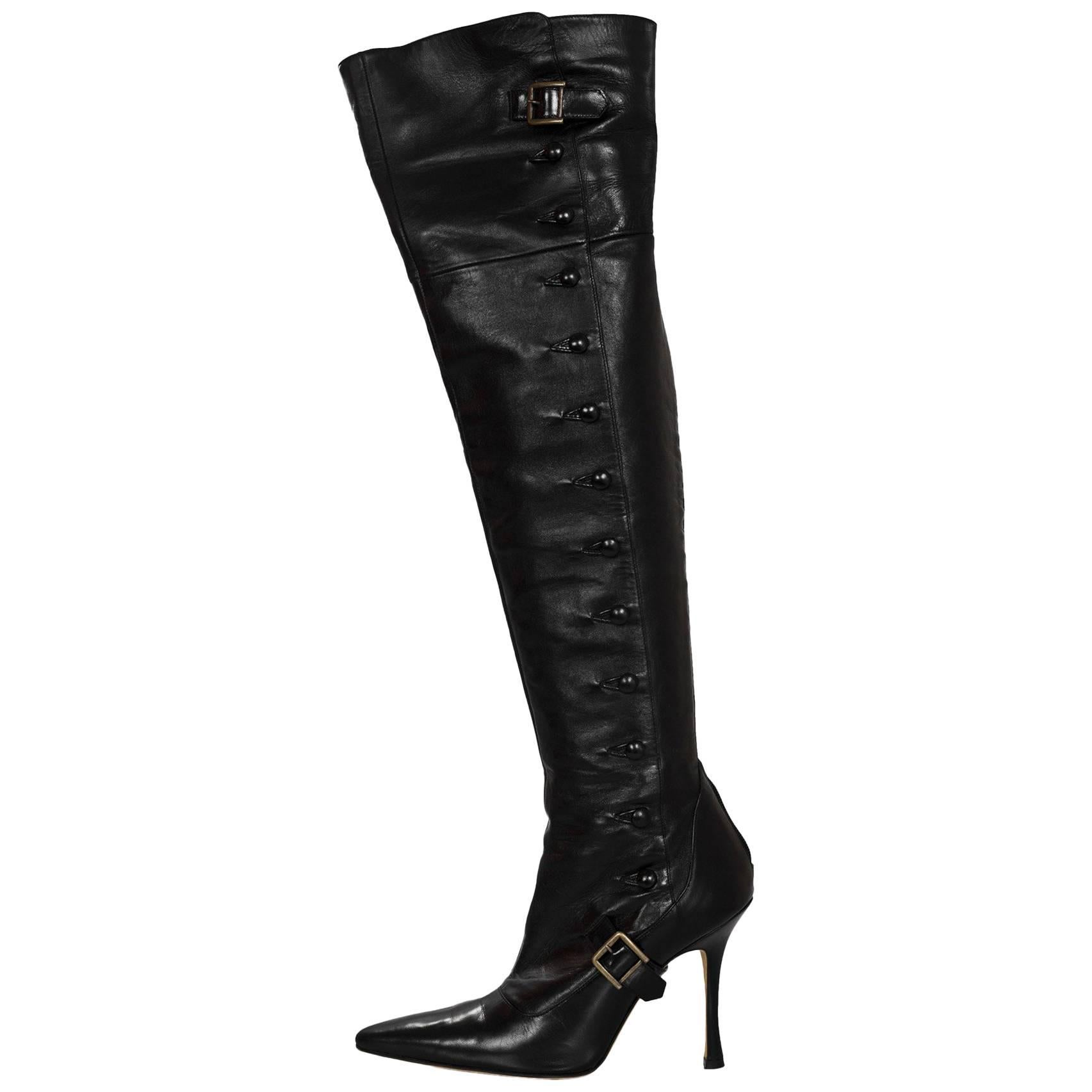 Manolo Blahnik Black Leather Over-The-Knee Boots Sz 37