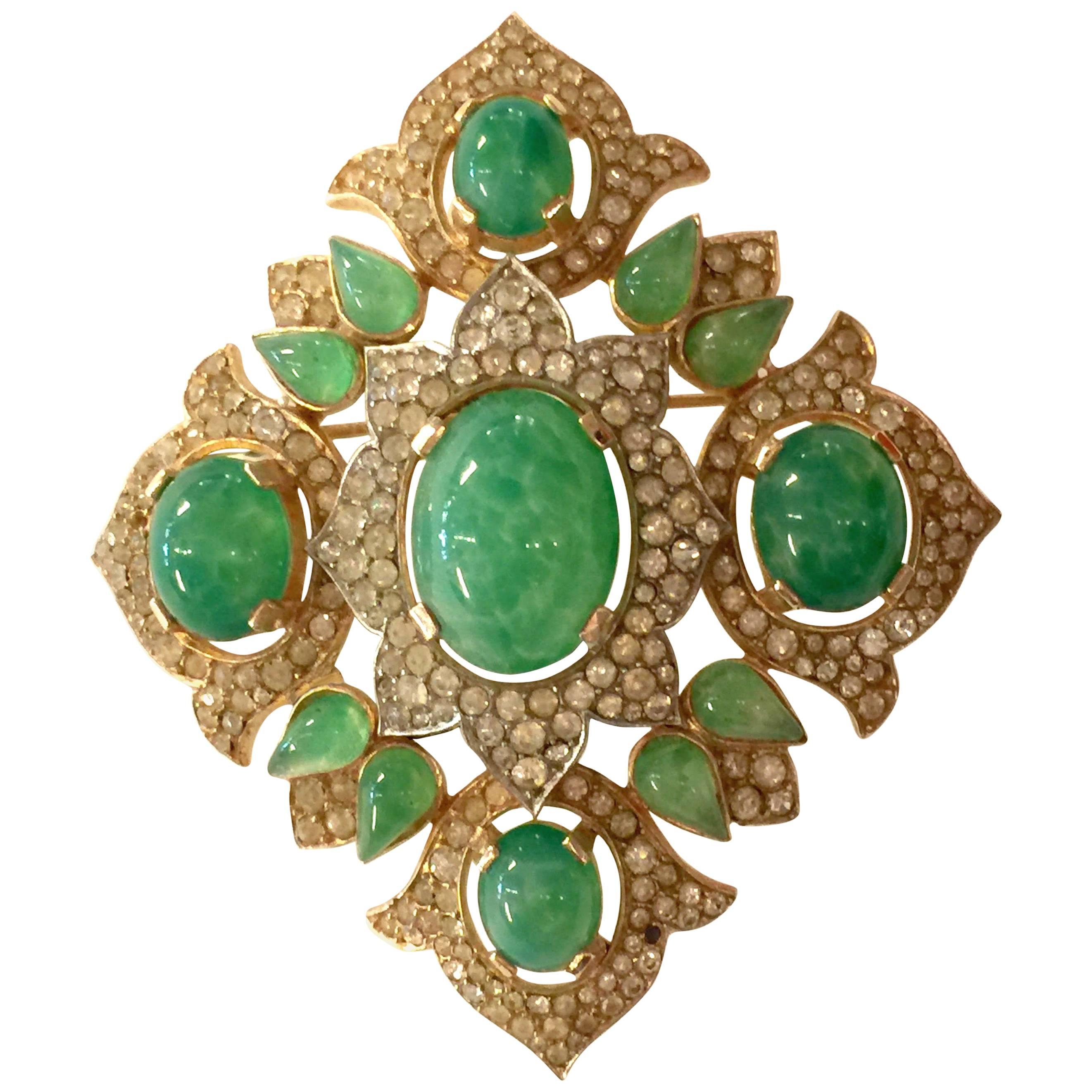 Trifari Jewels of India Goldtone Celadon Green Diamante Quatrefoil Brooch Pin