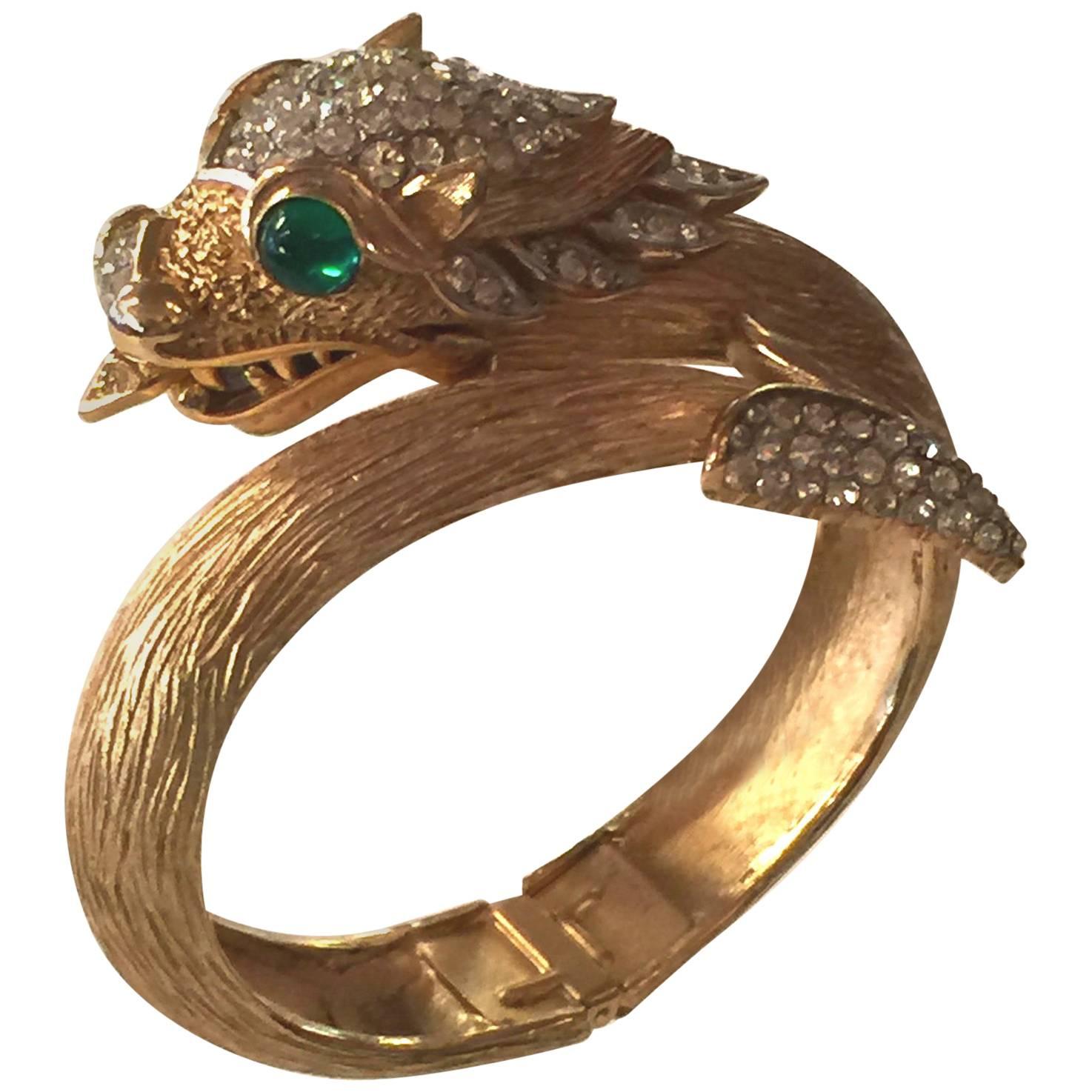 Trifari Matte Brushed Goldtone Diamante Green Cabochon Dragon Hinged Bracelet For Sale