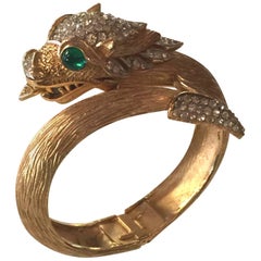 Trifari Matte Brushed Goldtone Diamante Green Cabochon Dragon Hinged Bracelet