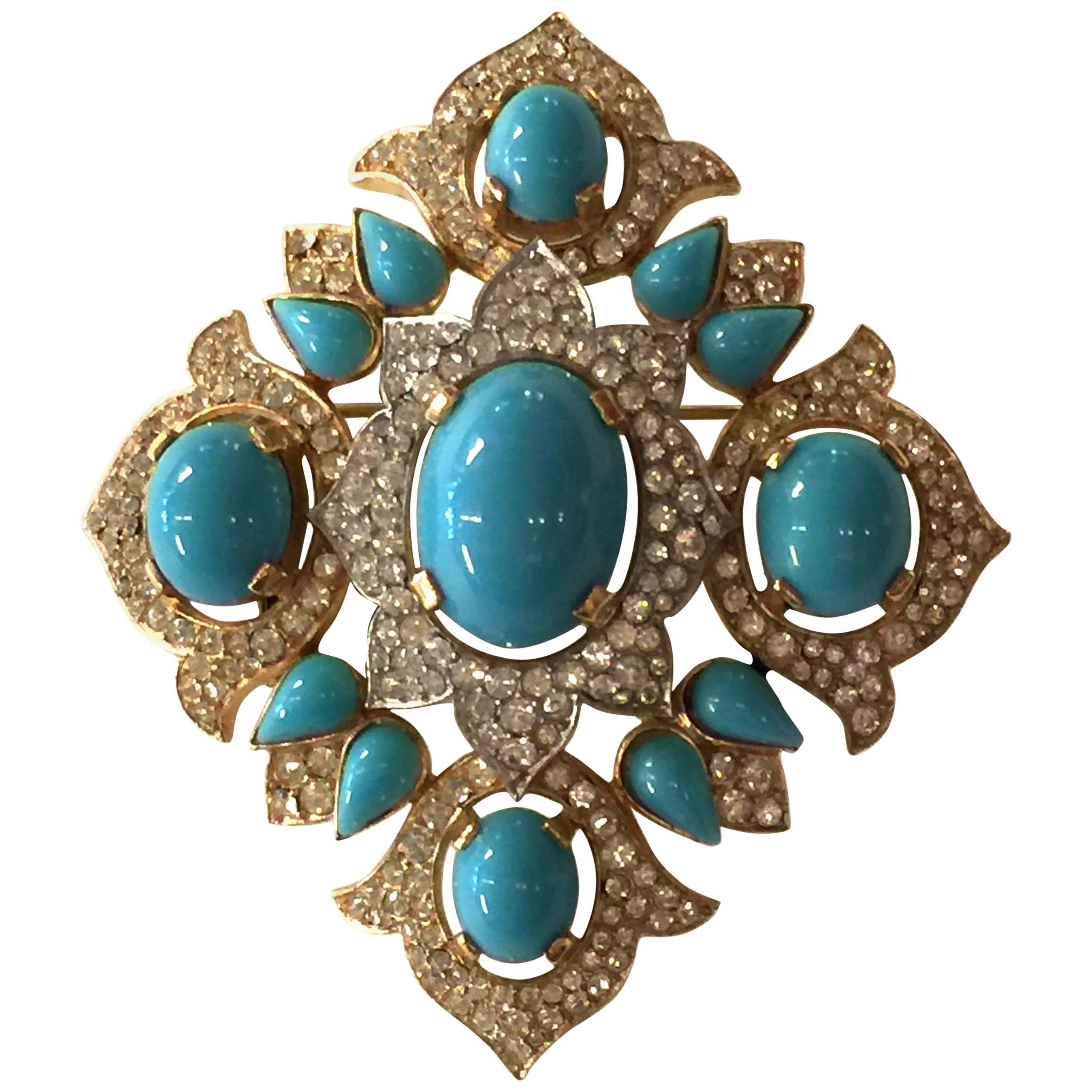 Trifari Jewels of India Goldtone Turquoise Cab & Diamante Quatrefoil Brooch Pin