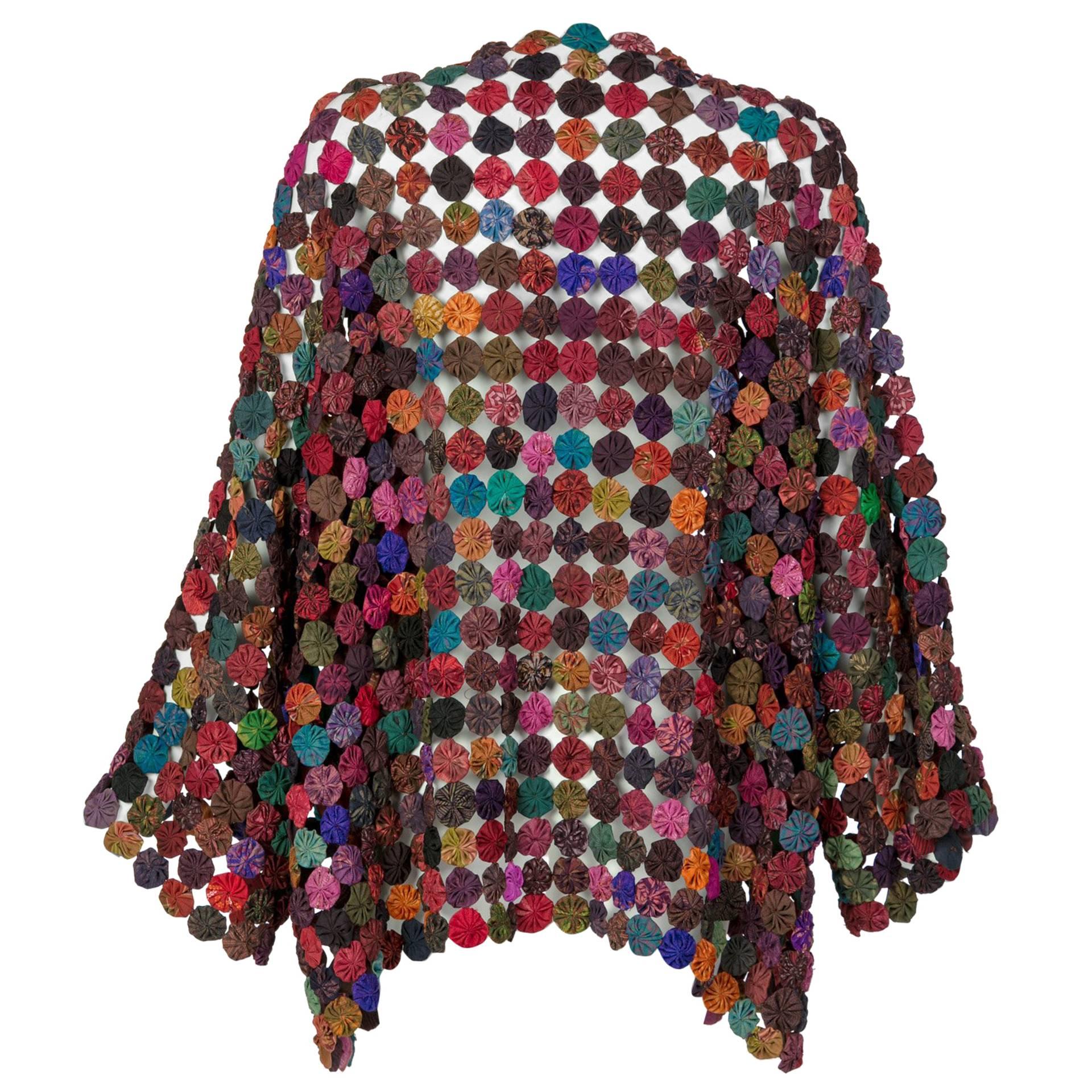 Handcrafted Multicolored Print Yo-Yo Quilt Kimono Sleeve Jacket, 1970s 