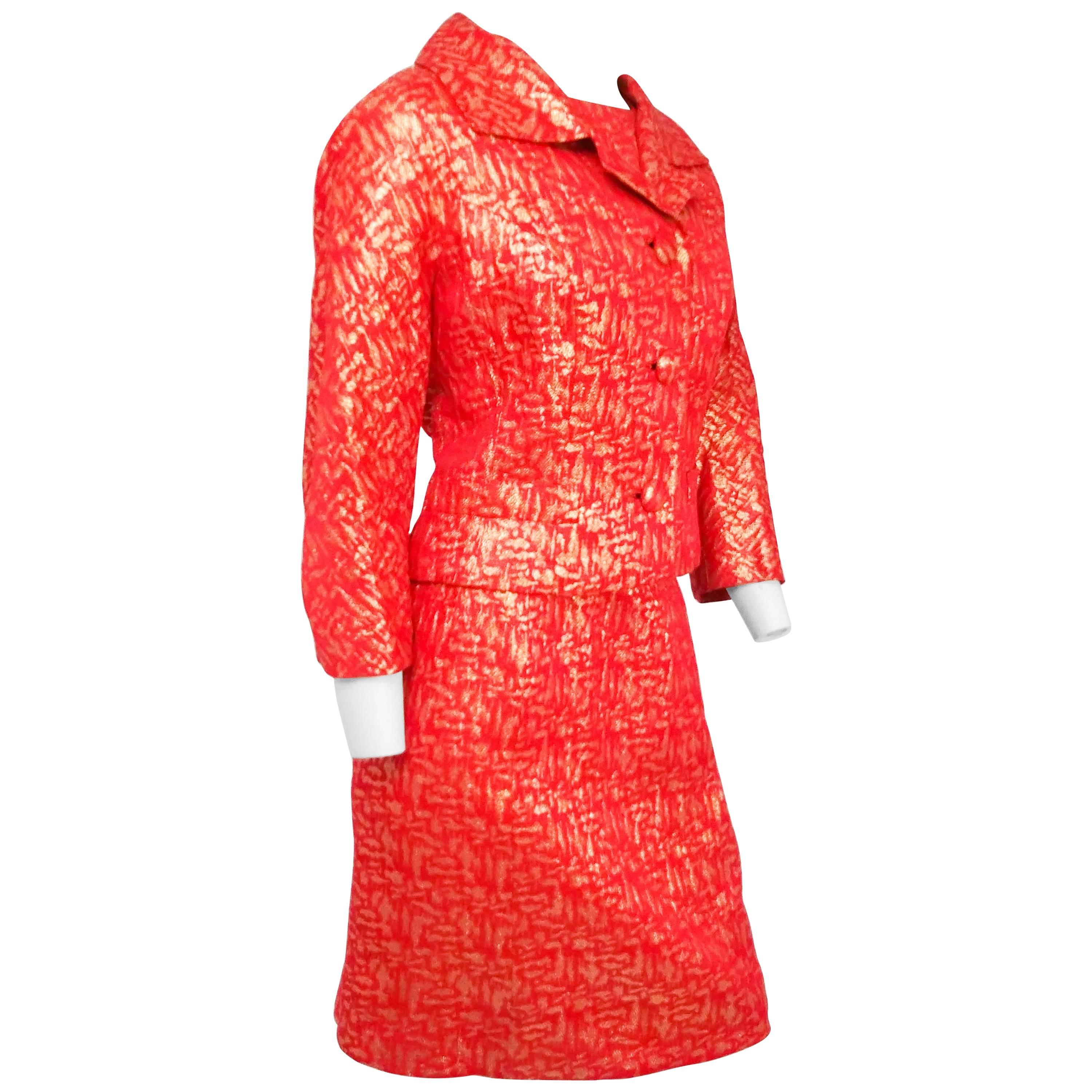 Red and Gold Brocade Jacket Top and Skirt Suit Set, 1960s 