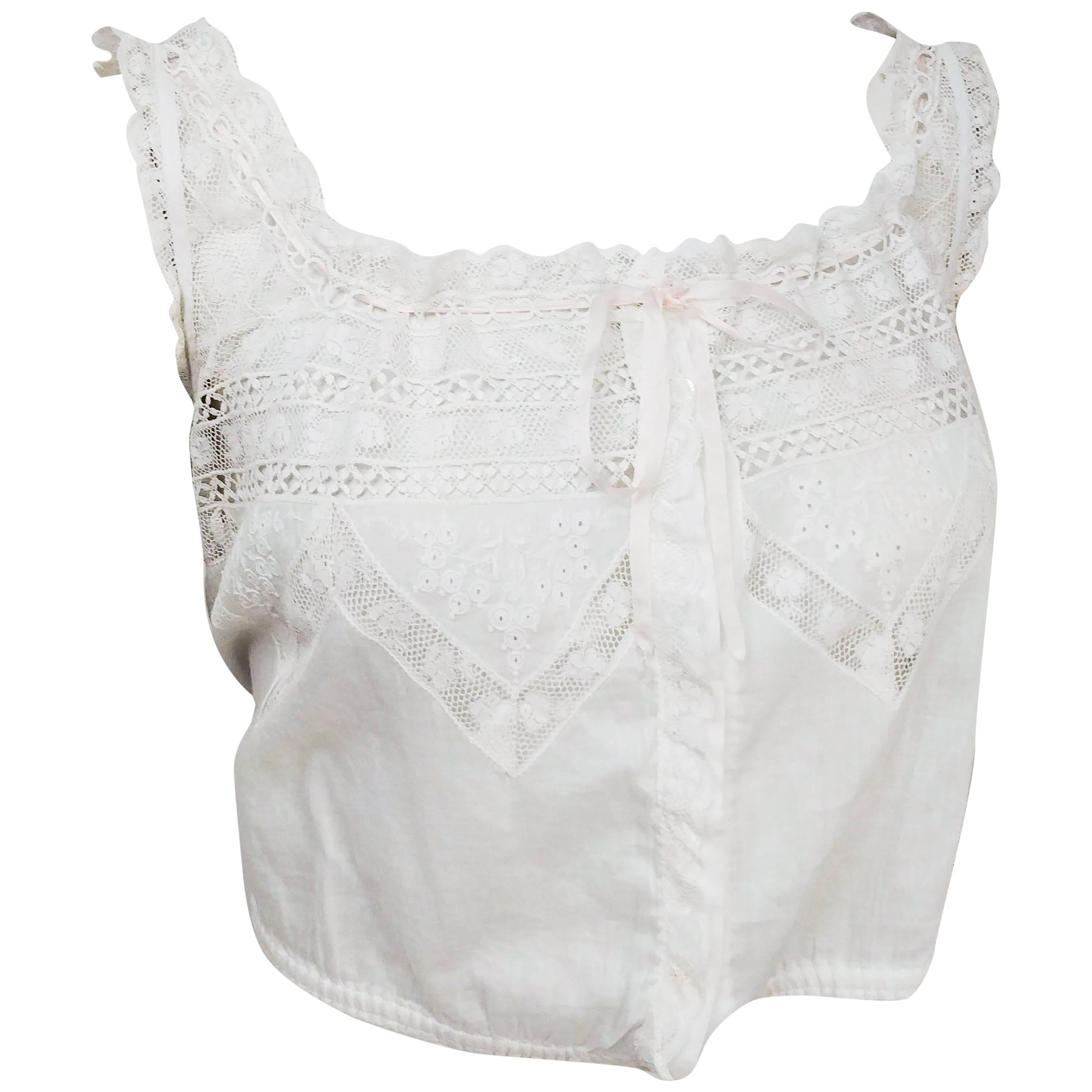 Edwardian White Cotton Lace Camisole w/ Ribbon Trim For Sale